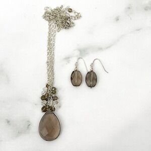 Silvertone Necklace & Earring Set Brown Faceted Teardrop Pendant 16–19"‎